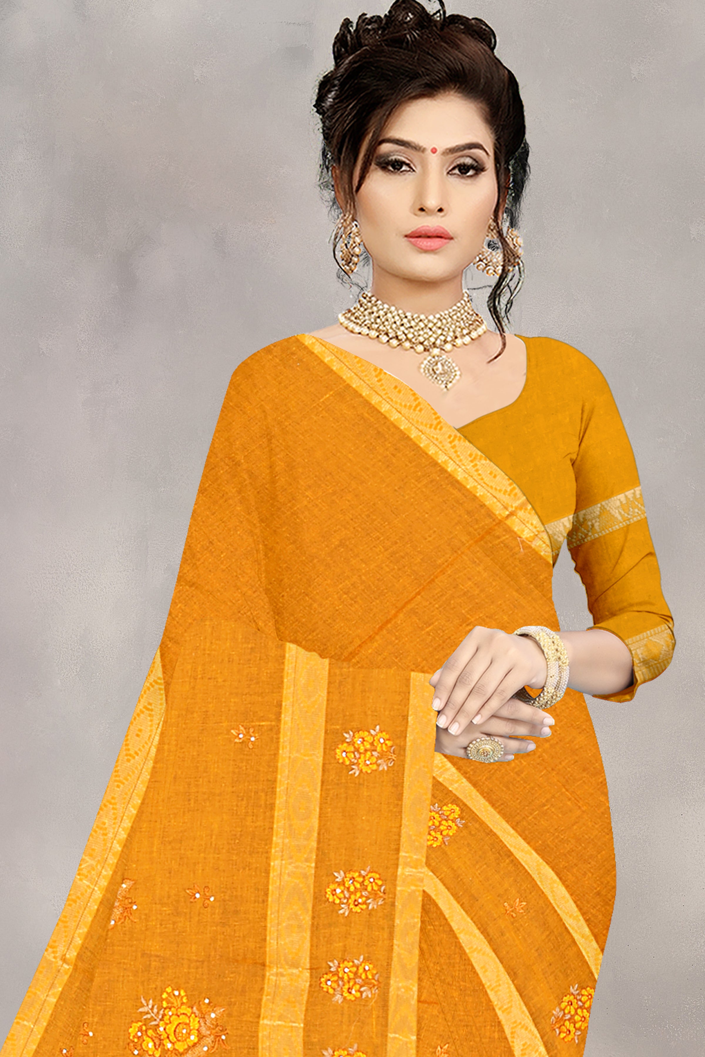 Golden Mustard Floral Embroidered Cotton Saree