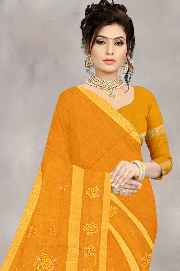 Golden Mustard Floral Embroidered Cotton Saree