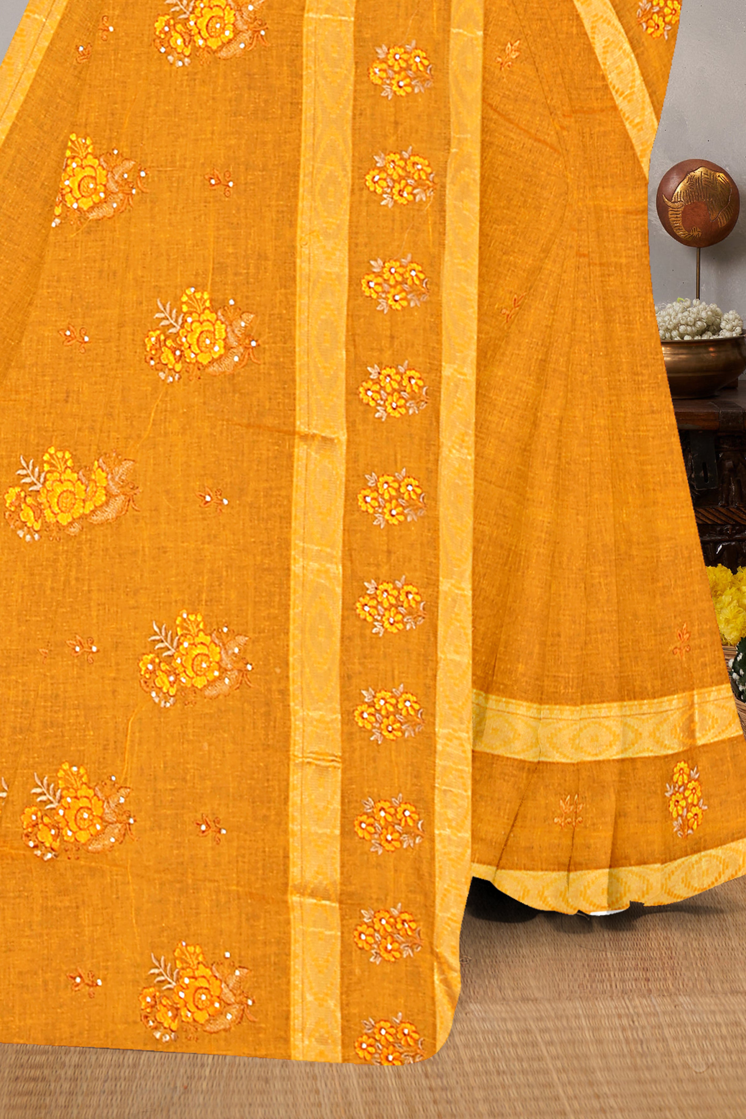 Golden Mustard Floral Embroidered Cotton Saree