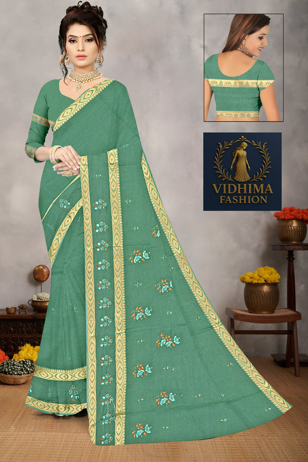 Mehendi Green Floral Embroidered Cotton Saree