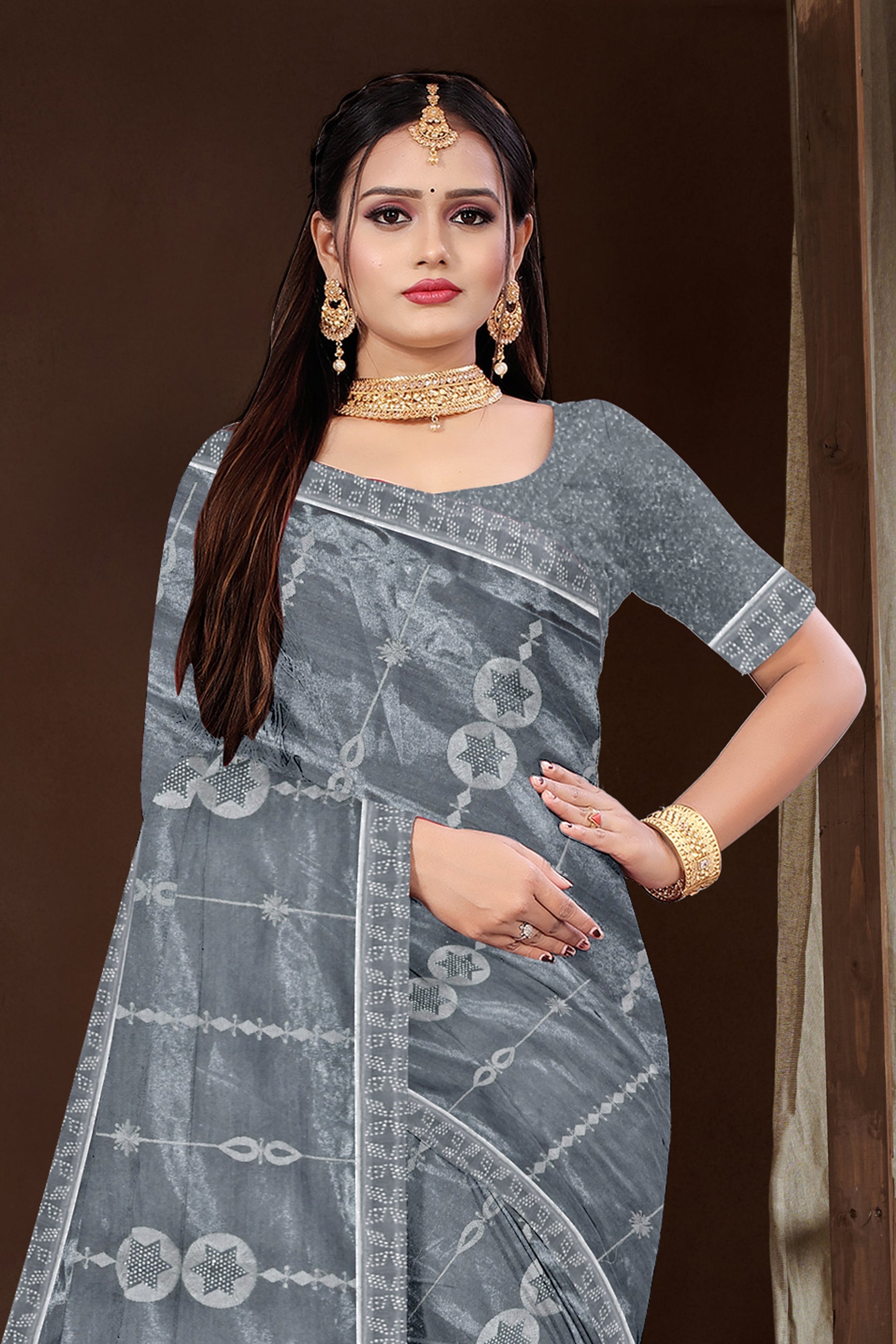 Steel Grey Embroidered Organza Saree