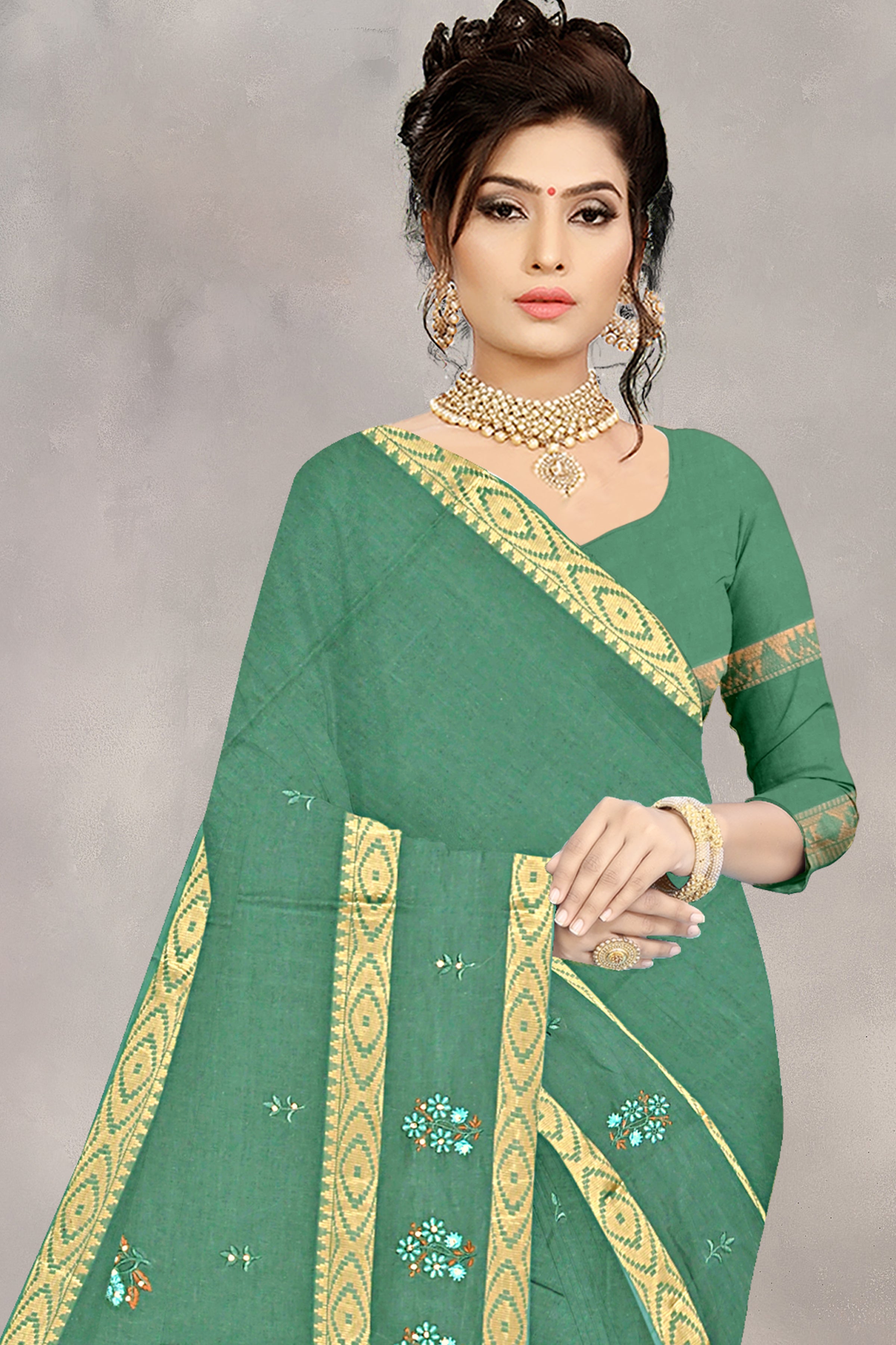 Mehendi Green Floral Embroidered Cotton Saree
