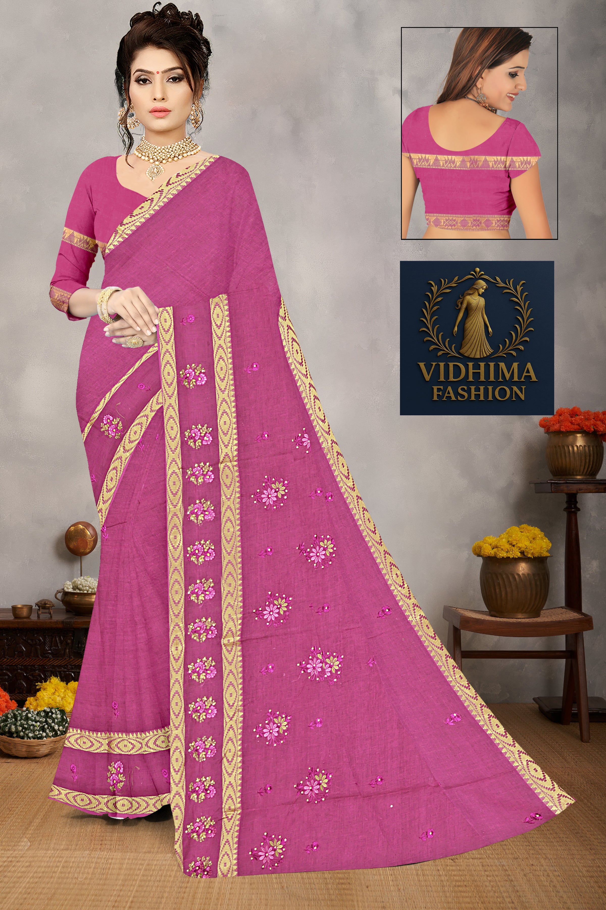 Rose Pink Floral Embroidered Cotton Saree