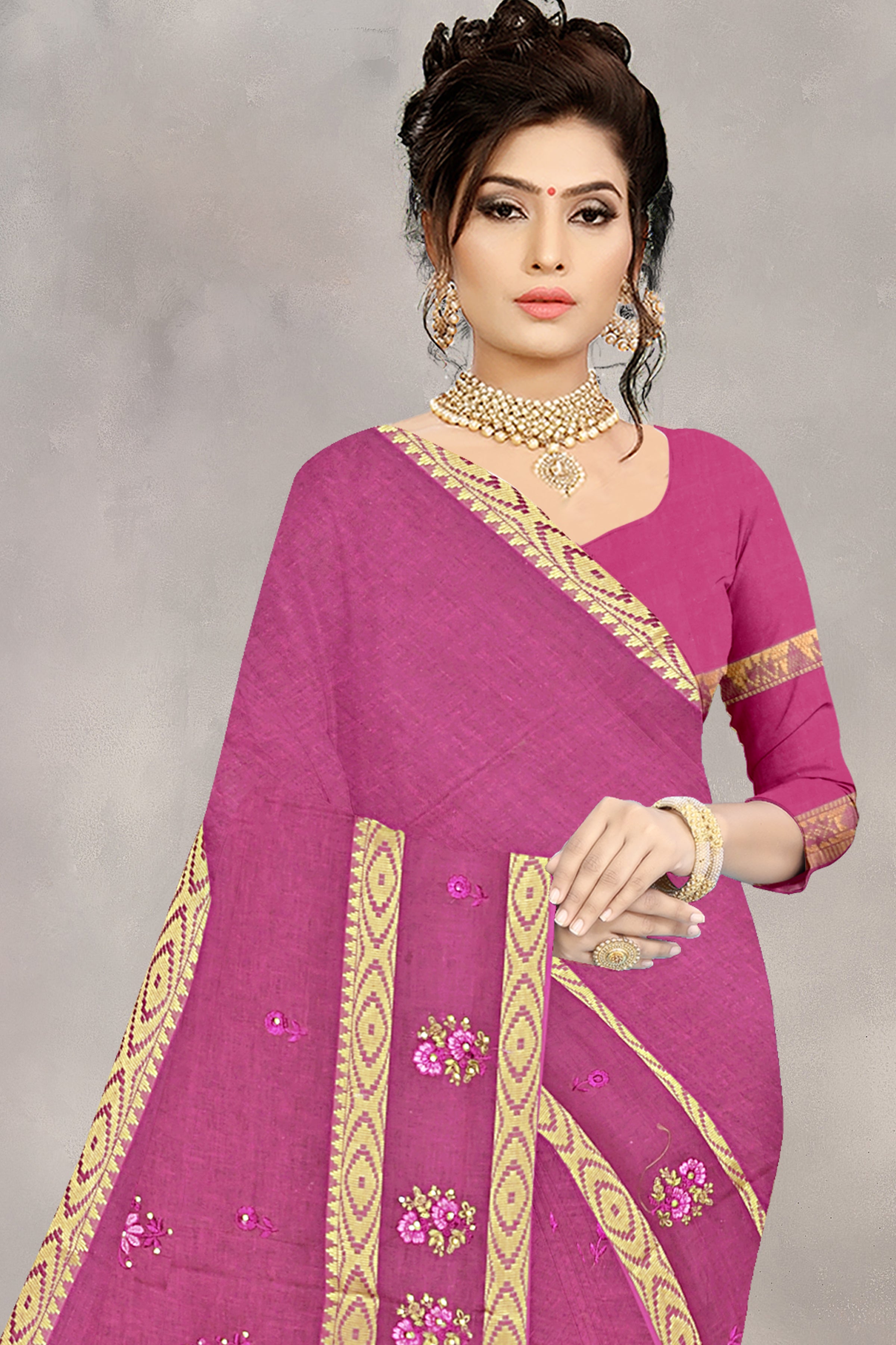 Rose Pink Floral Embroidered Cotton Saree