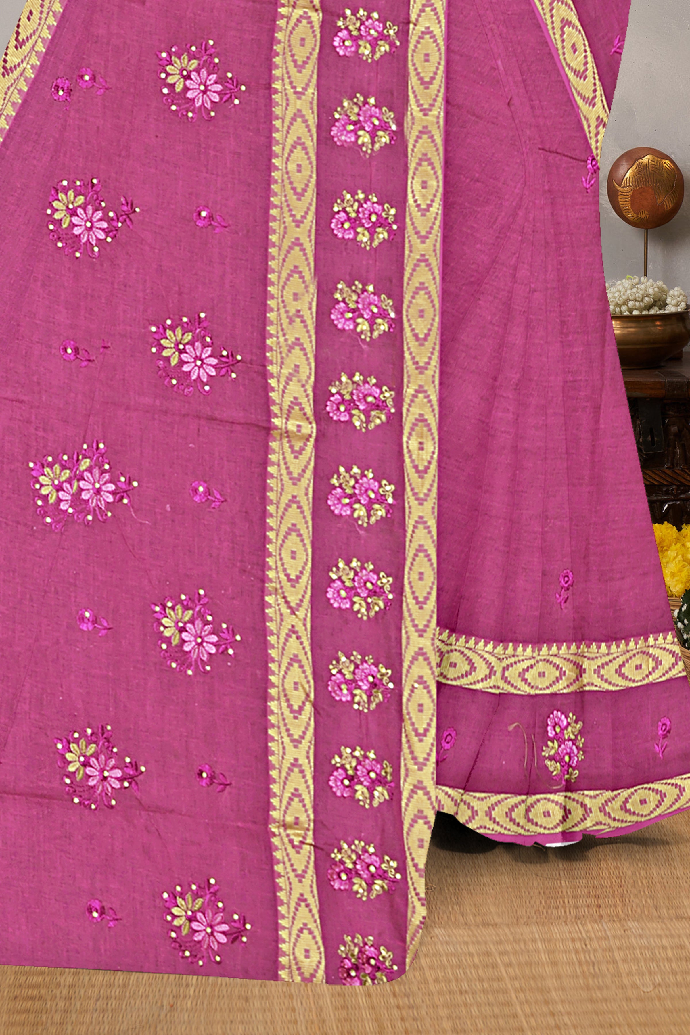 Rose Pink Floral Embroidered Cotton Saree