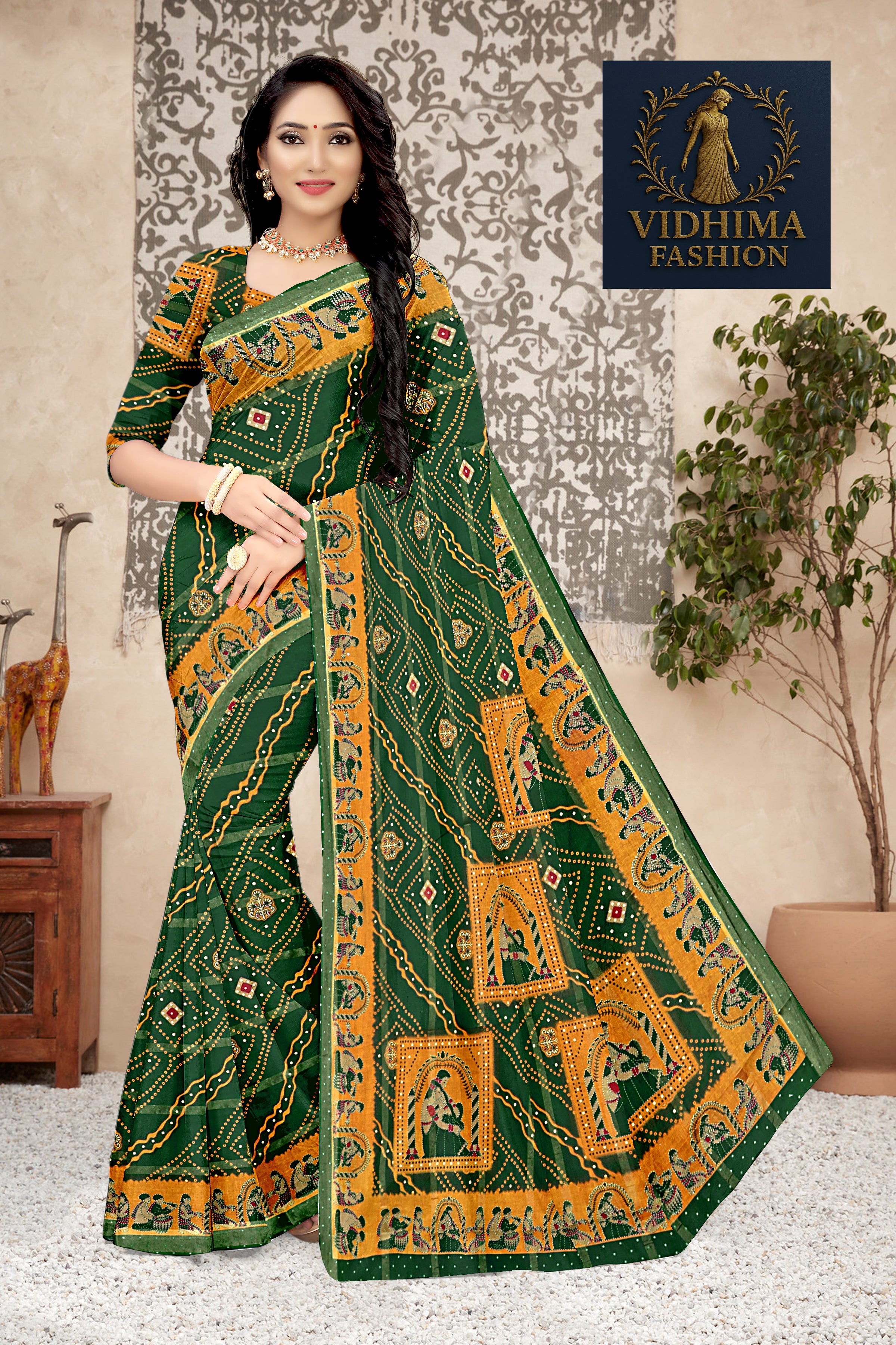 Emerald Green Royal Rajasthani Bandhej Art Cotton Saree
