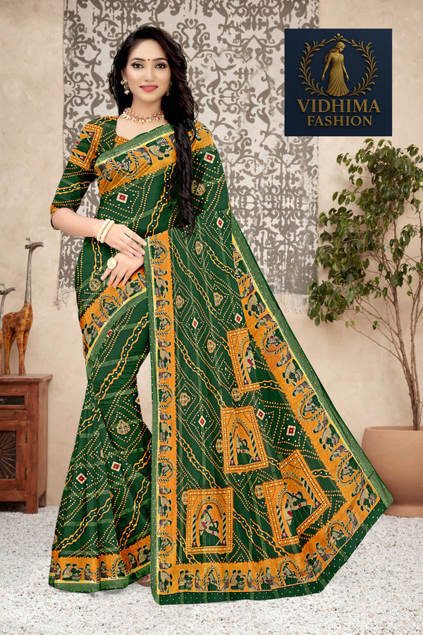 Emerald Green Royal Rajasthani Bandhej Art Cotton Saree