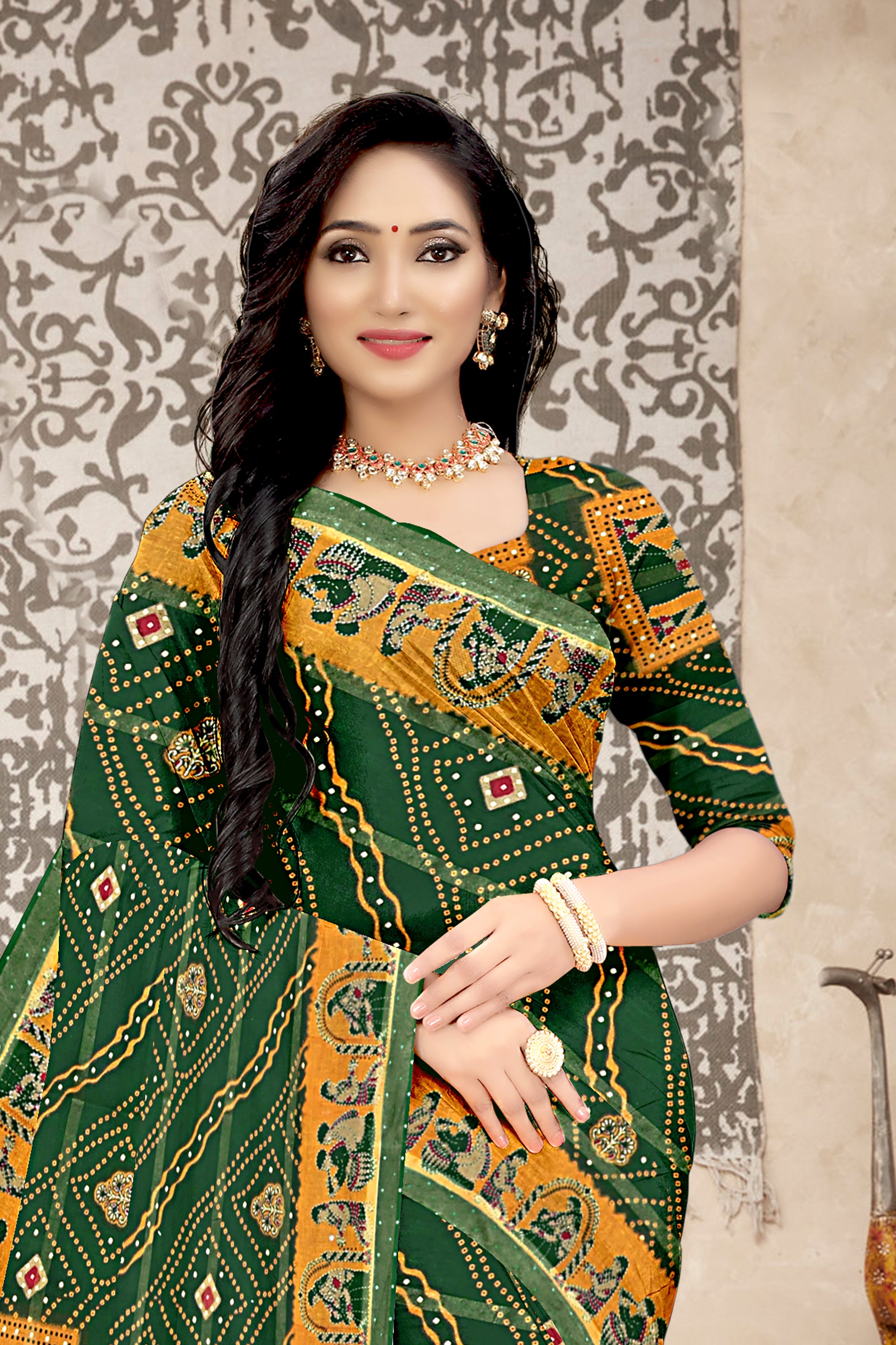 Emerald Green Royal Rajasthani Bandhej Art Cotton Saree