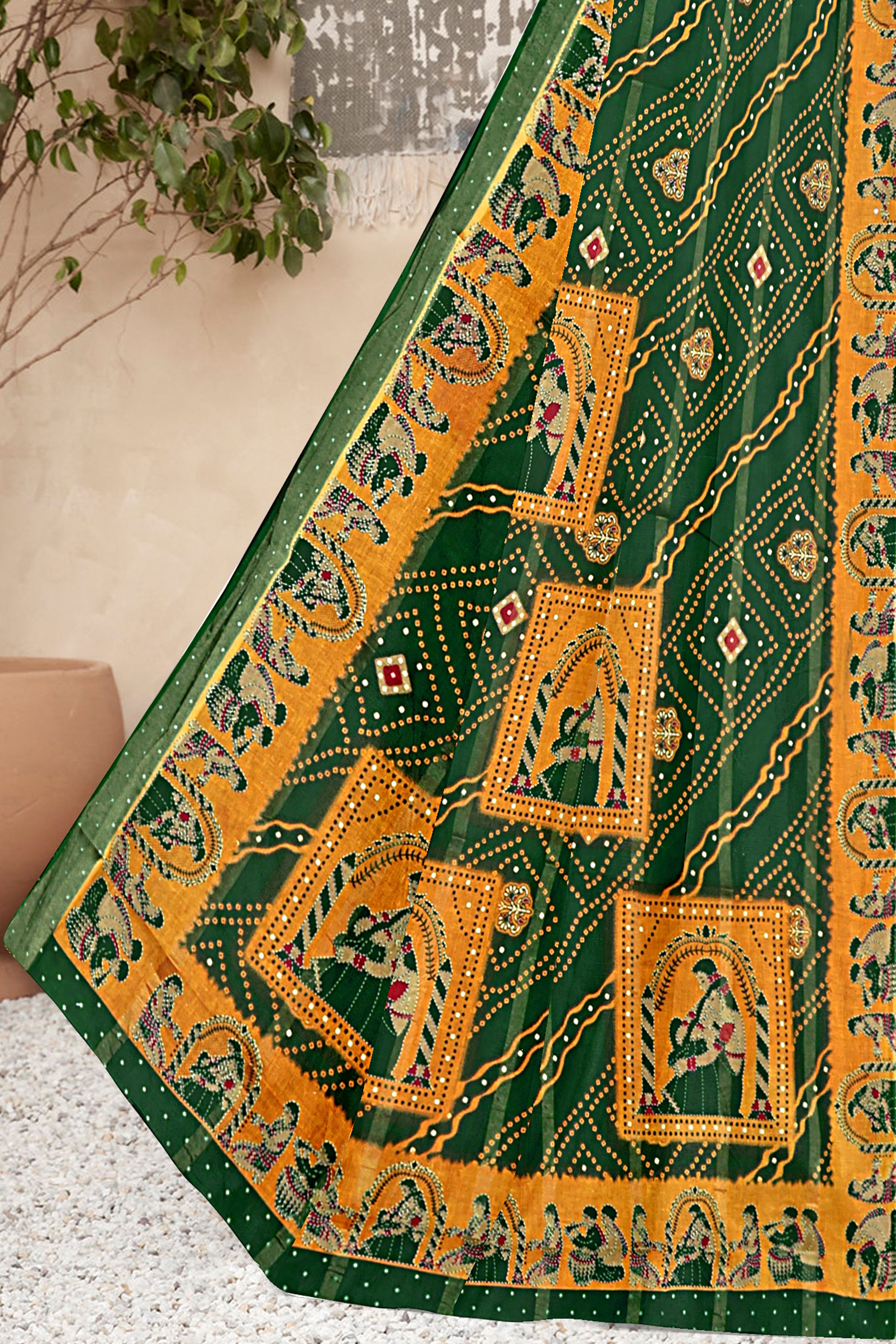 Emerald Green Royal Rajasthani Bandhej Art Cotton Saree