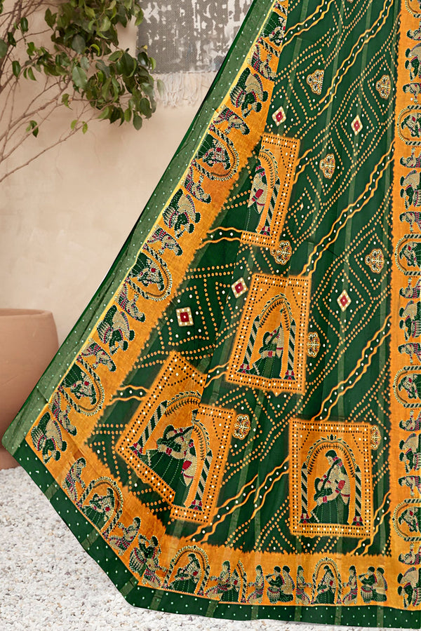 Emerald Green Royal Rajasthani Bandhej Art Cotton Saree