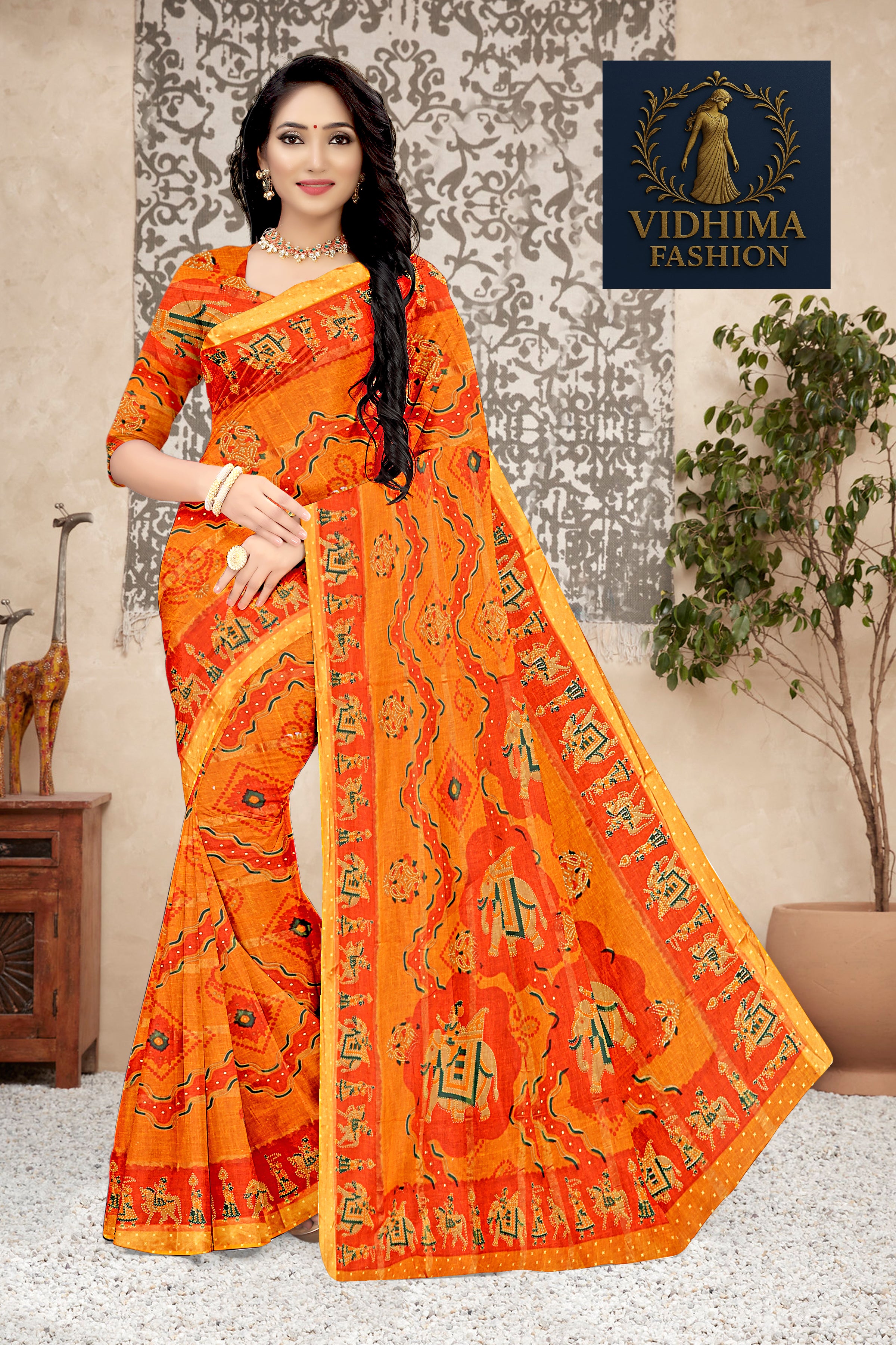 Sunset Orange Royal Rajasthani Printed Art Cotton Saree