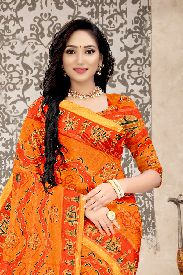 Sunset Orange Royal Rajasthani Printed Art Cotton Saree