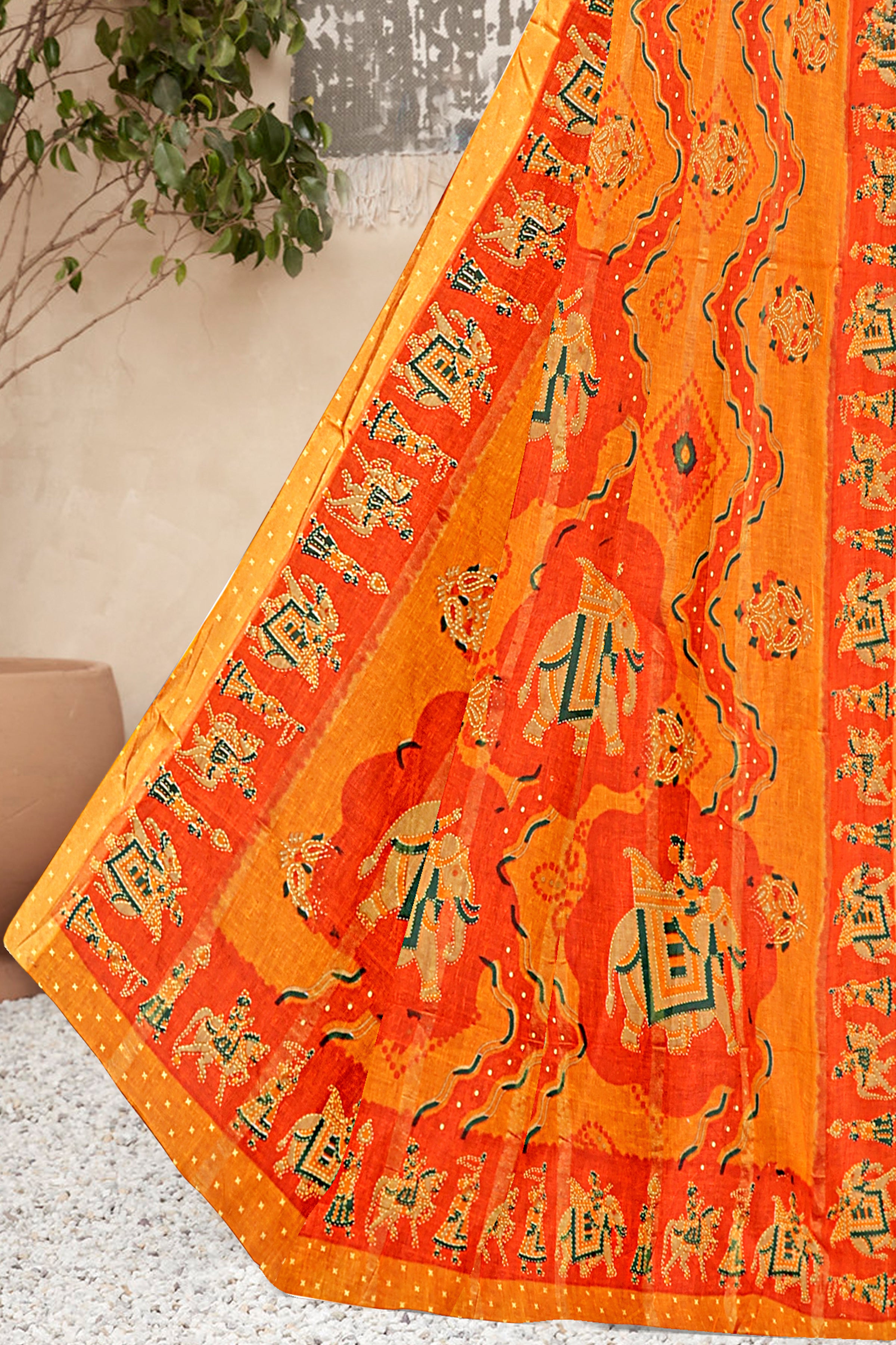 Sunset Orange Royal Rajasthani Printed Art Cotton Saree
