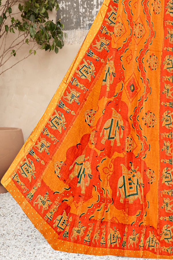 Sunset Orange Royal Rajasthani Printed Art Cotton Saree