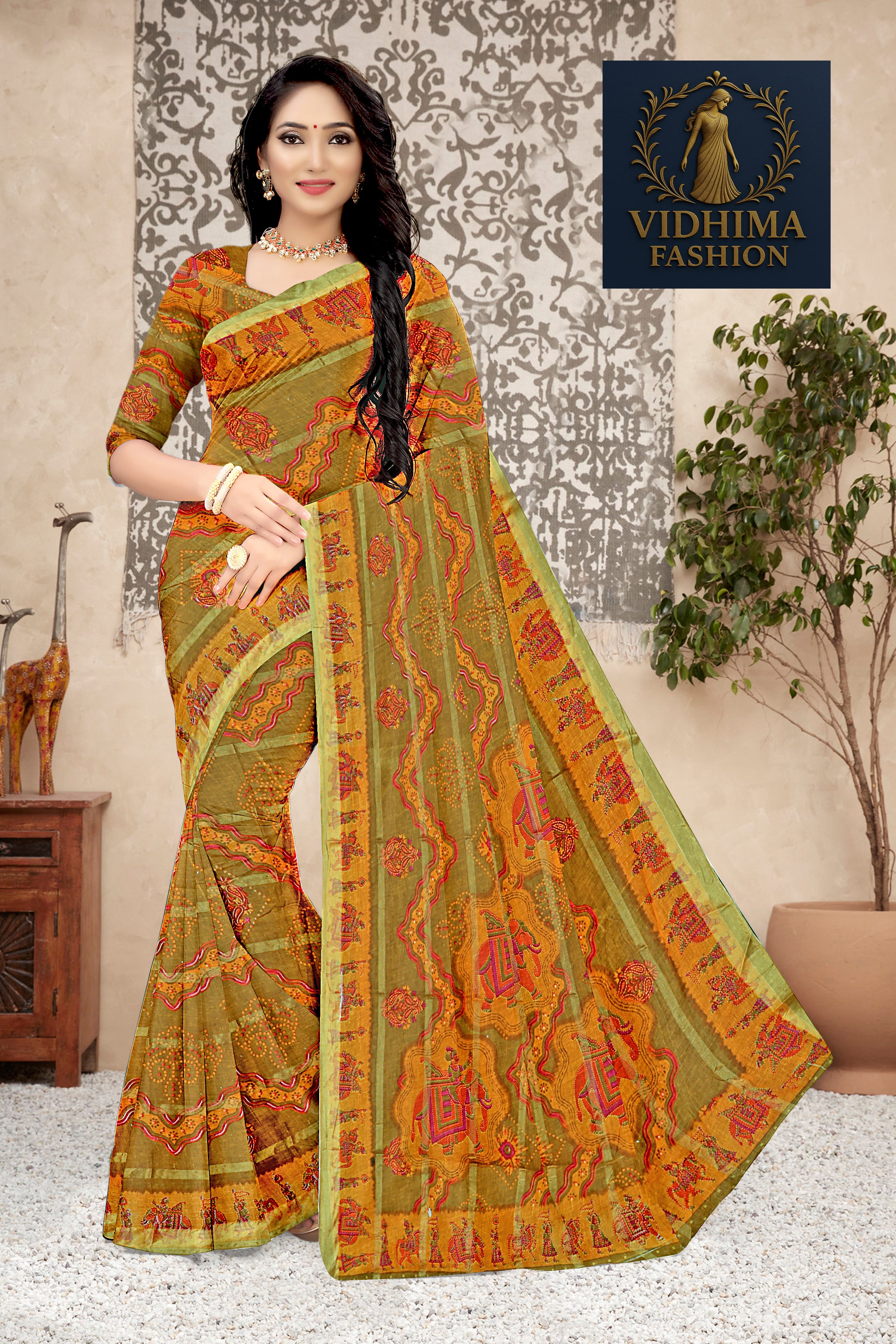 Olive Green Royal Rajasthani Bandhej Art Cotton Saree