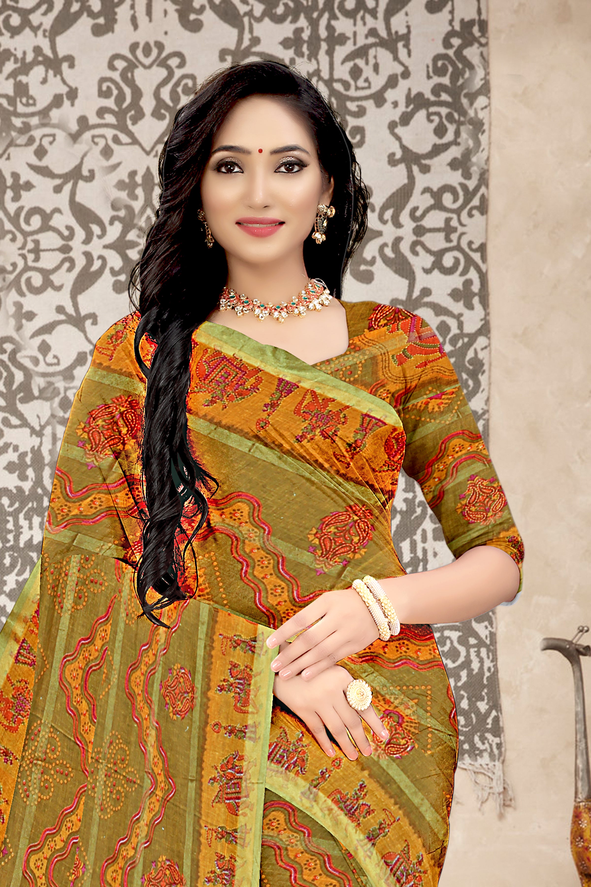 Olive Green Royal Rajasthani Bandhej Art Cotton Saree