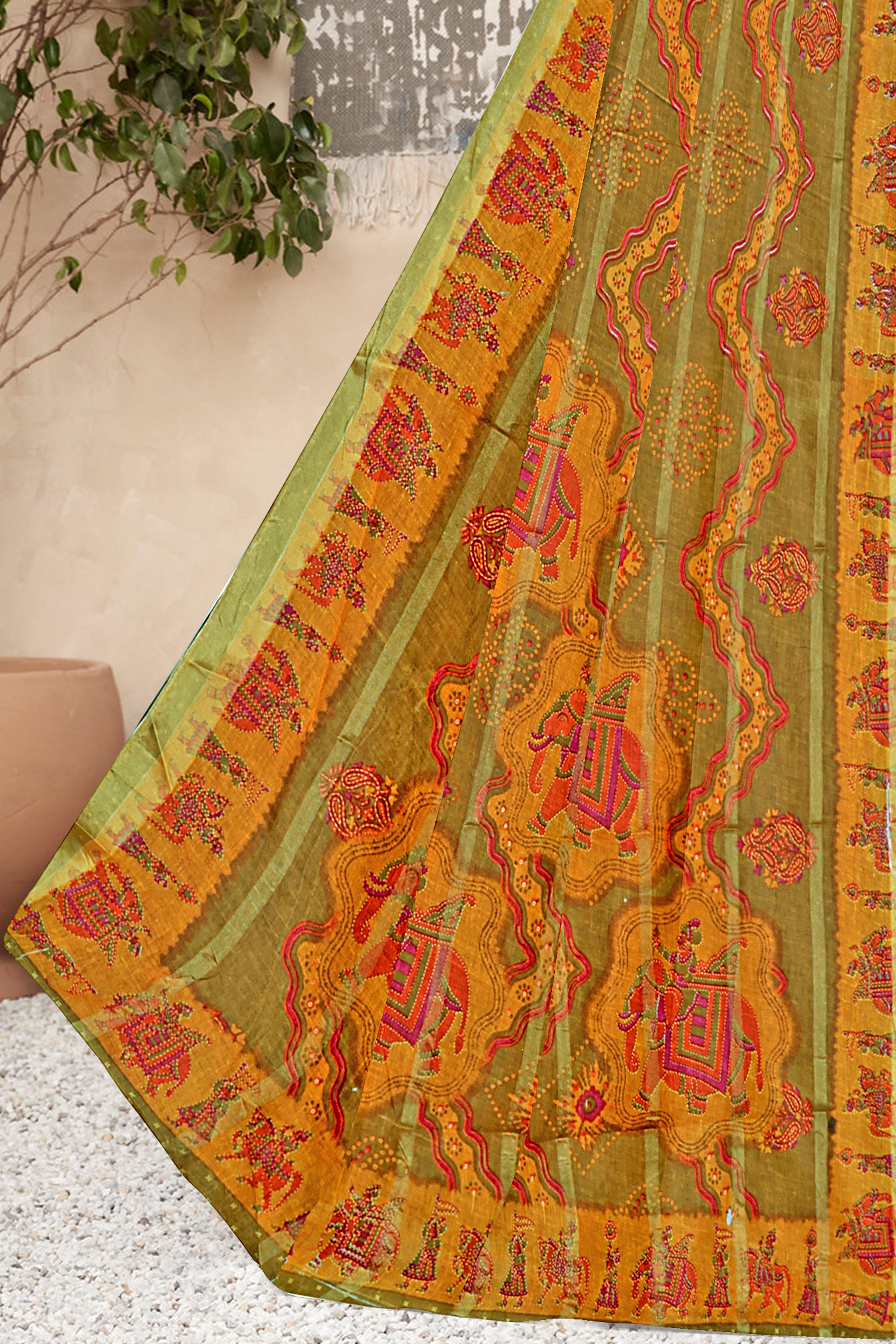 Olive Green Royal Rajasthani Bandhej Art Cotton Saree