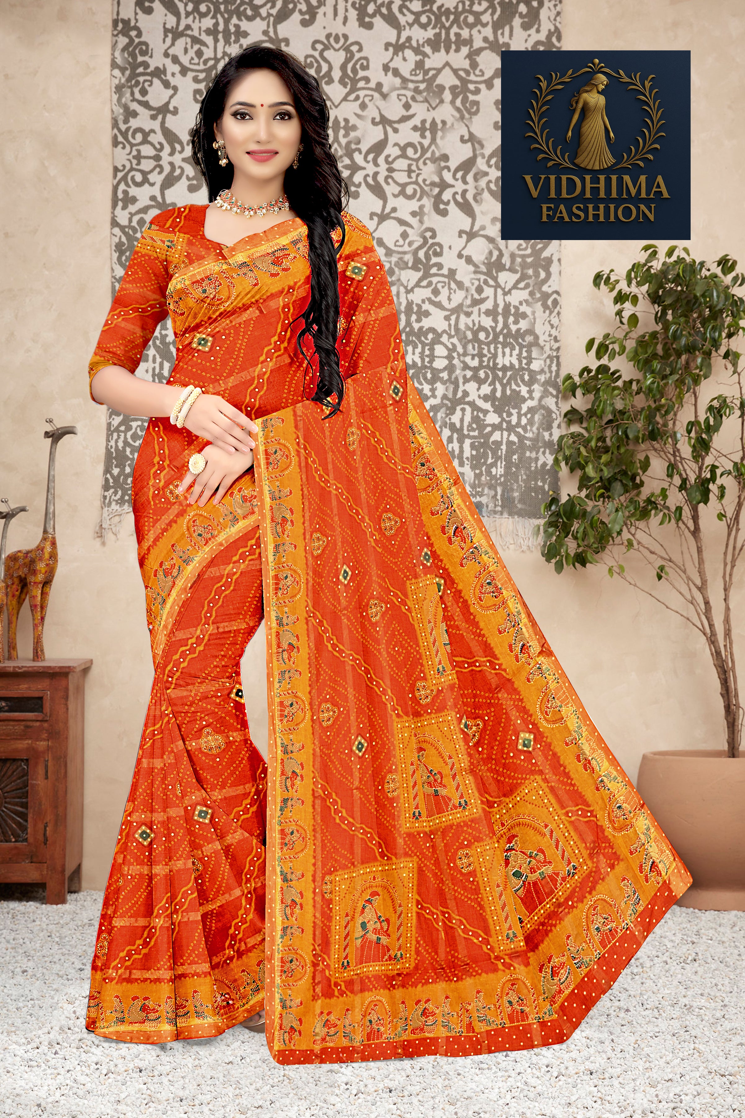 Burnt Orange Royal Rajasthani Bandhej Art Cotton Saree