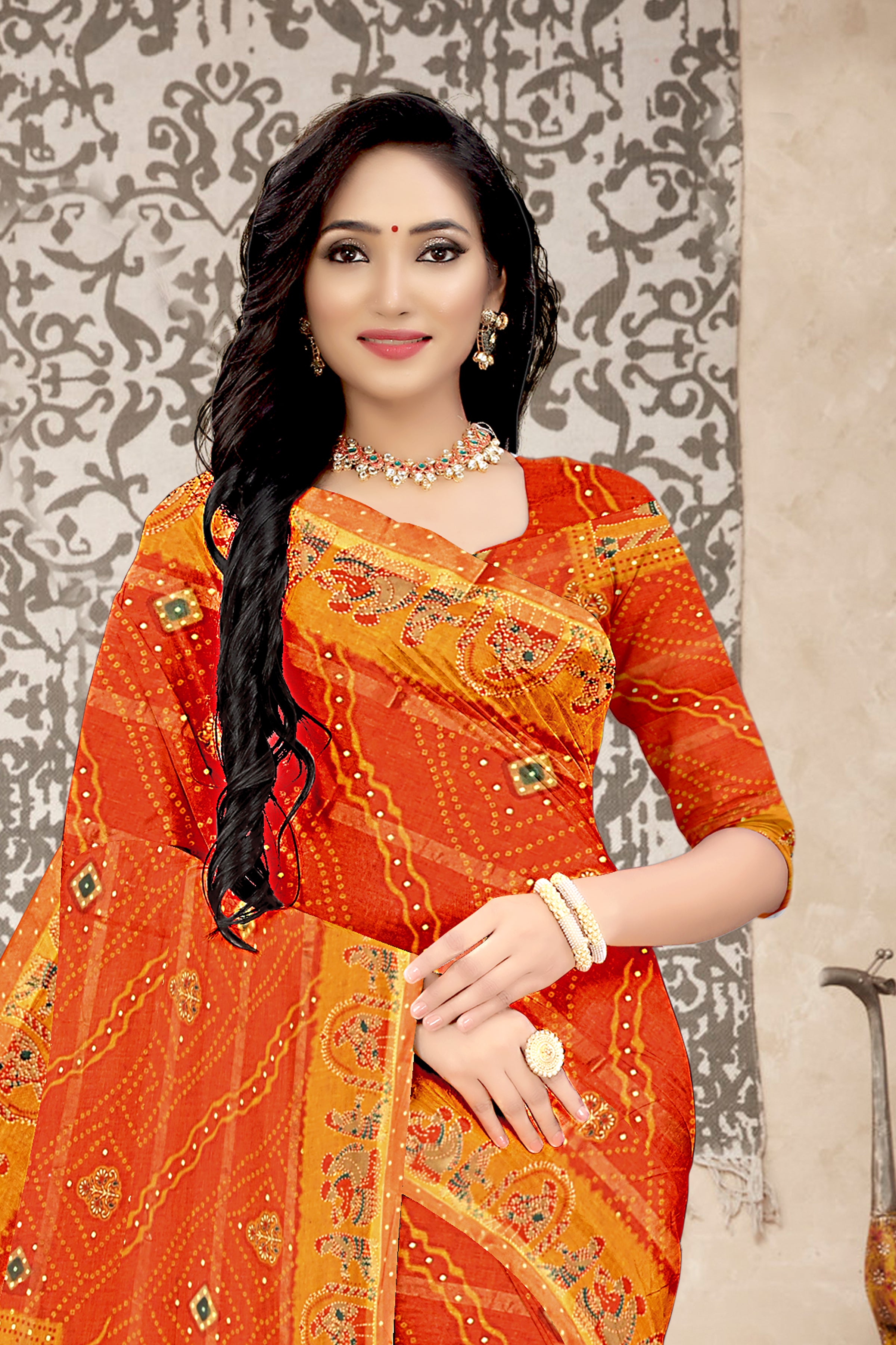 Burnt Orange Royal Rajasthani Bandhej Art Cotton Saree