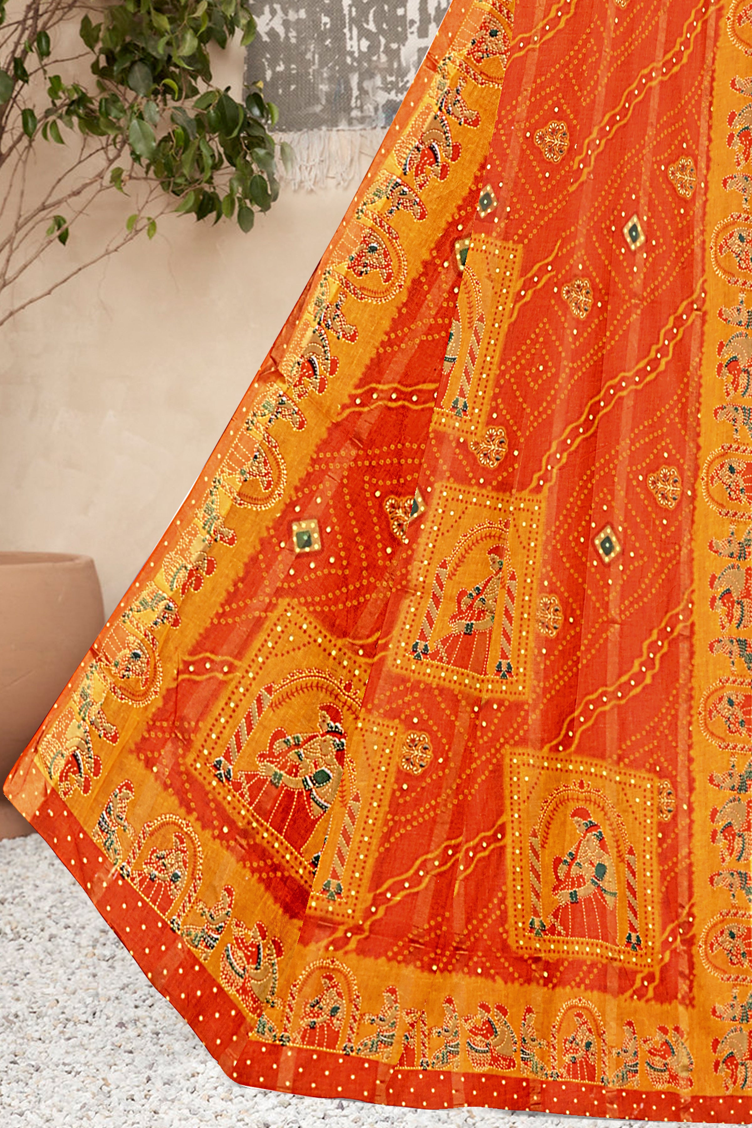Burnt Orange Royal Rajasthani Bandhej Art Cotton Saree
