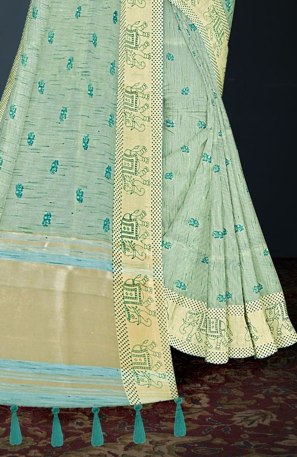 Pista Green Woven Saree with Elephant Motif Border