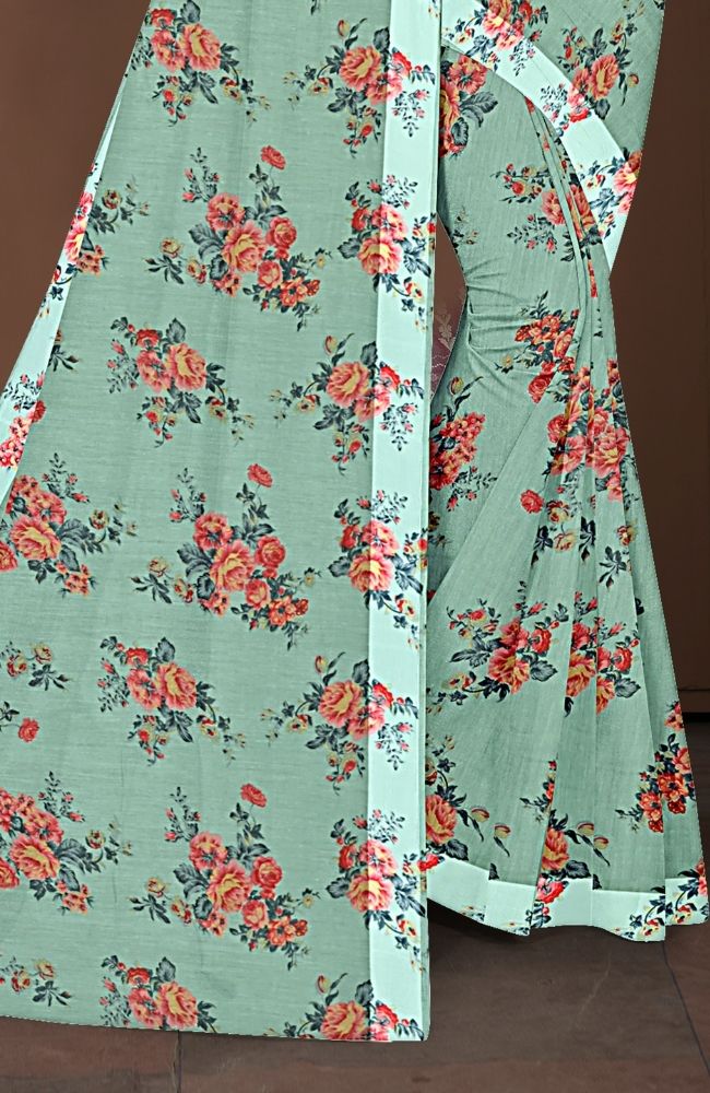 Pastel Green Floral Printed Cotton Saree