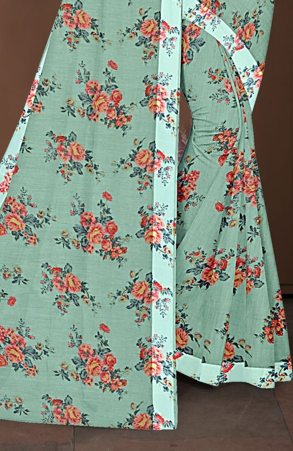 Pastel Green Floral Printed Cotton Saree