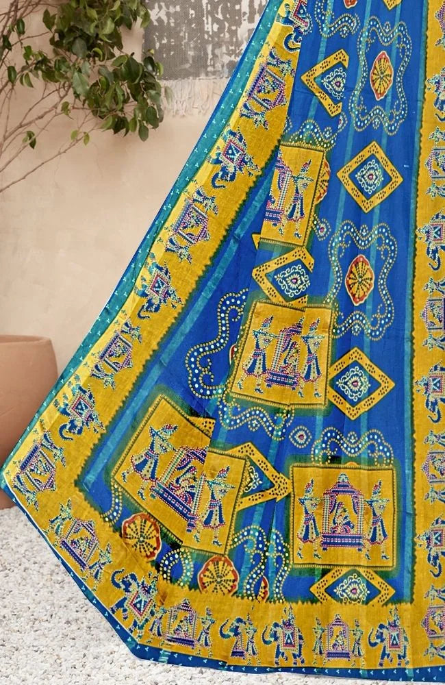 Royal Blue Rajasthani Printed Art Cotton Saree
