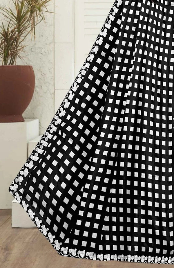 Black & White Designer Checkered Silk Saree with Embroidered Blouse