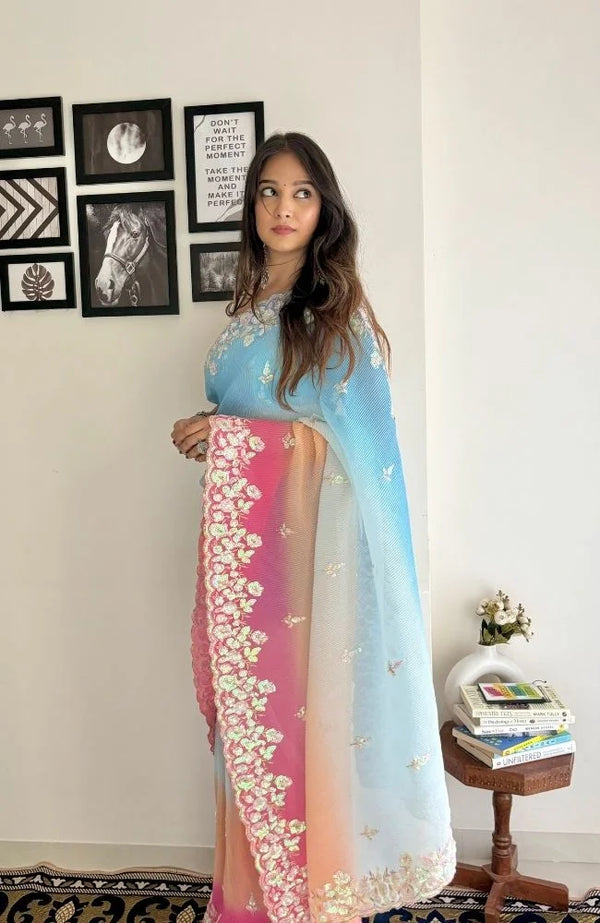 Pastel Bloom Embroidered Ombre Saree