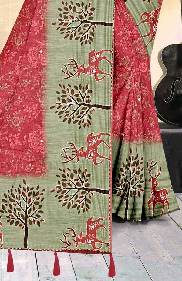 Rust Red & Olive Green Fancy Jorjat Saree with Deer Motif Pallu