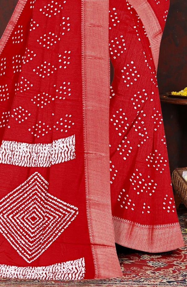 Classic Red Bandhani Cotton Saree with Zari Border