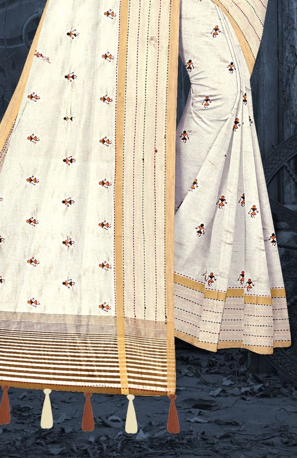 Ivory White Silk Saree with Minimal Motif and Striped Pallu