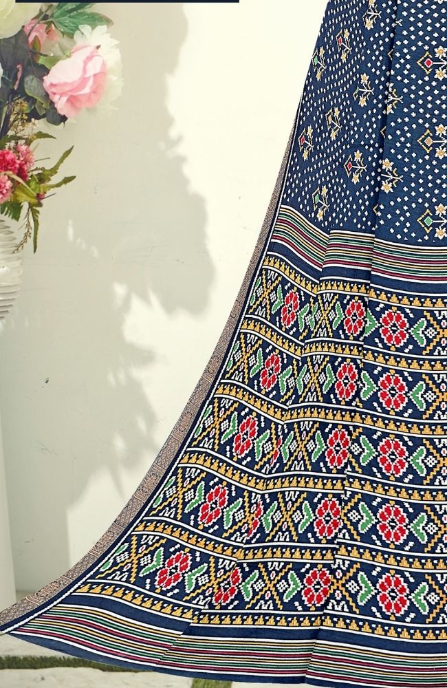 Navy Blue Bandhani Printed Saree with Patola-Style Pallu