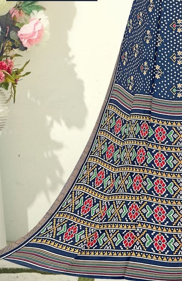 Navy Blue Bandhani Printed Saree with Patola-Style Pallu