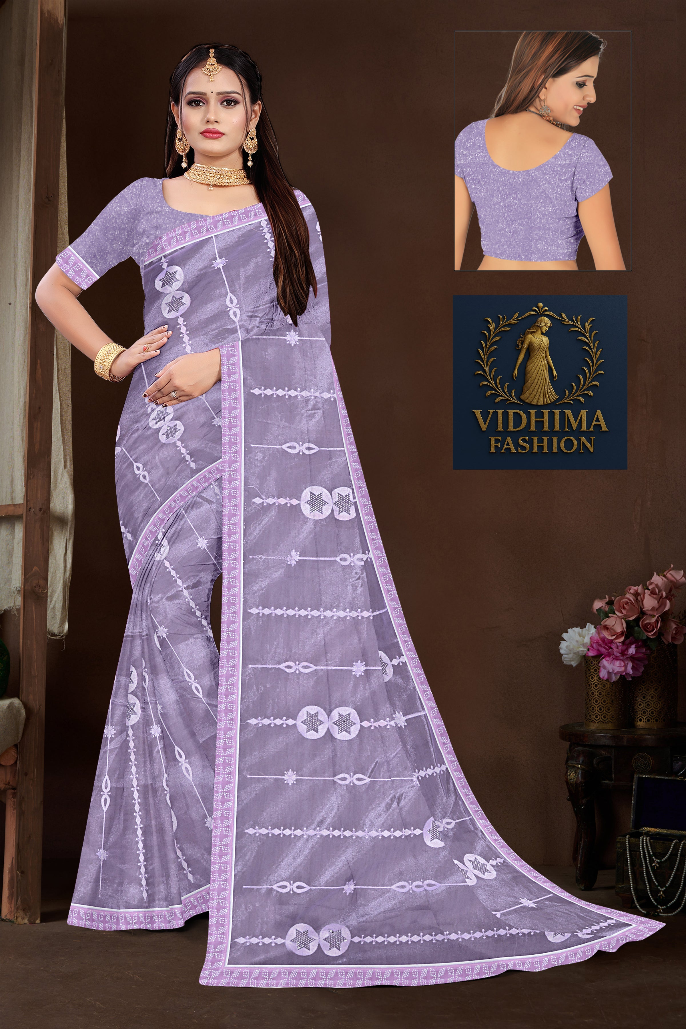 Lavender Embroidered Organza Saree