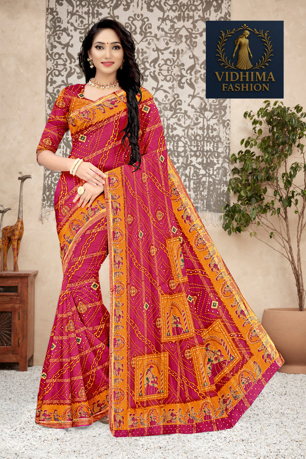 Rani Pink Royal Rajasthani Bandhej Art Cotton Saree