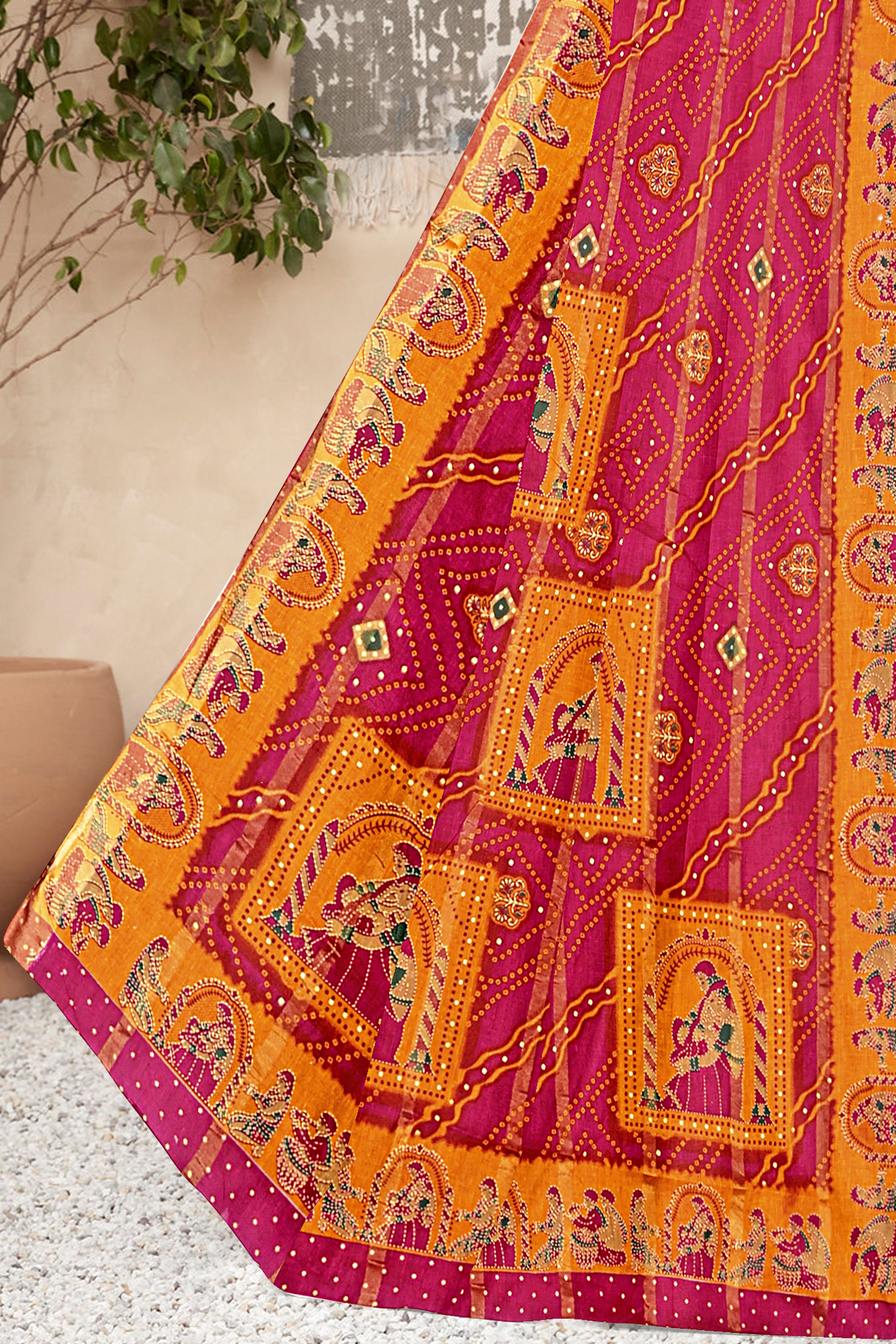 Rani Pink Royal Rajasthani Bandhej Art Cotton Saree