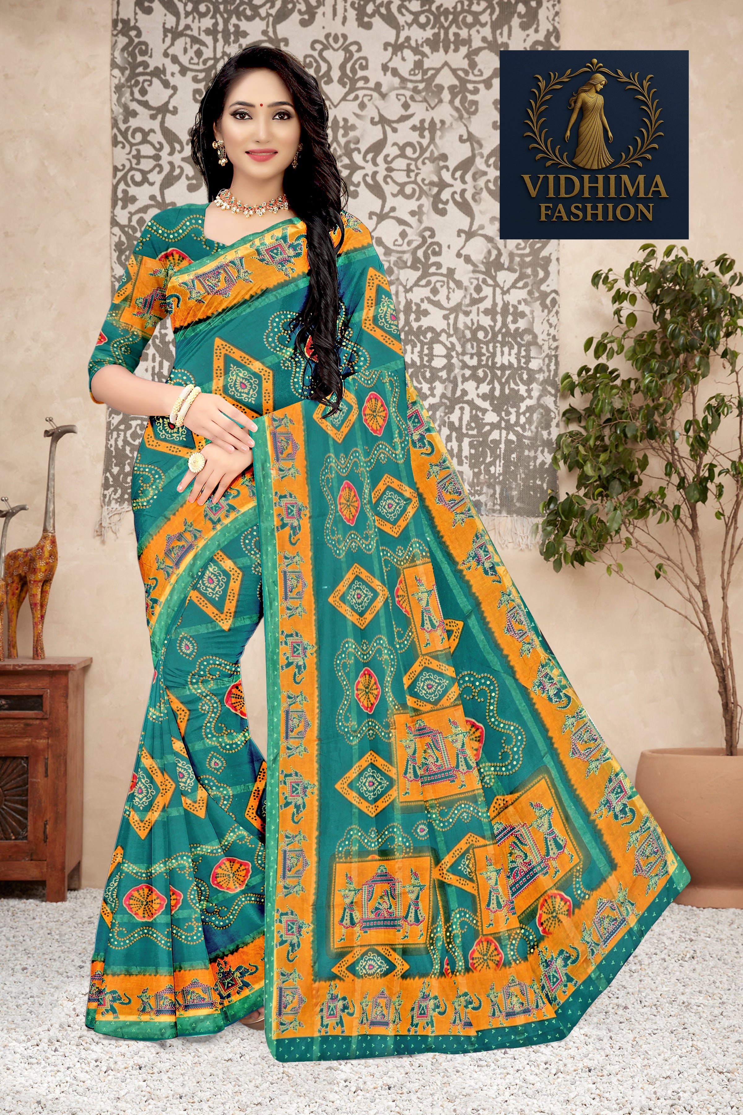 Turquoise Green Royal Rajasthani Bandhej Art Cotton Saree
