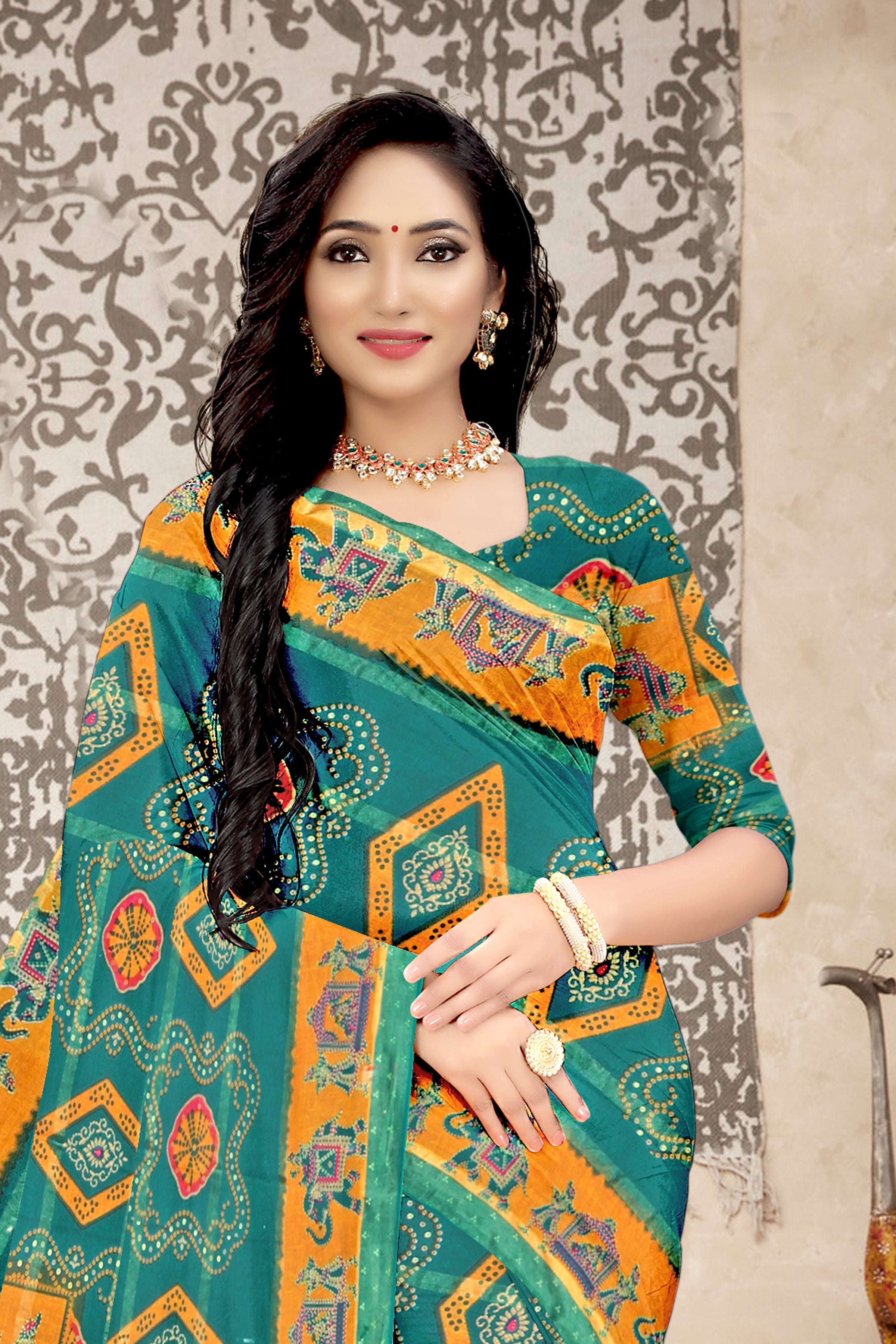 Turquoise Green Royal Rajasthani Bandhej Art Cotton Saree