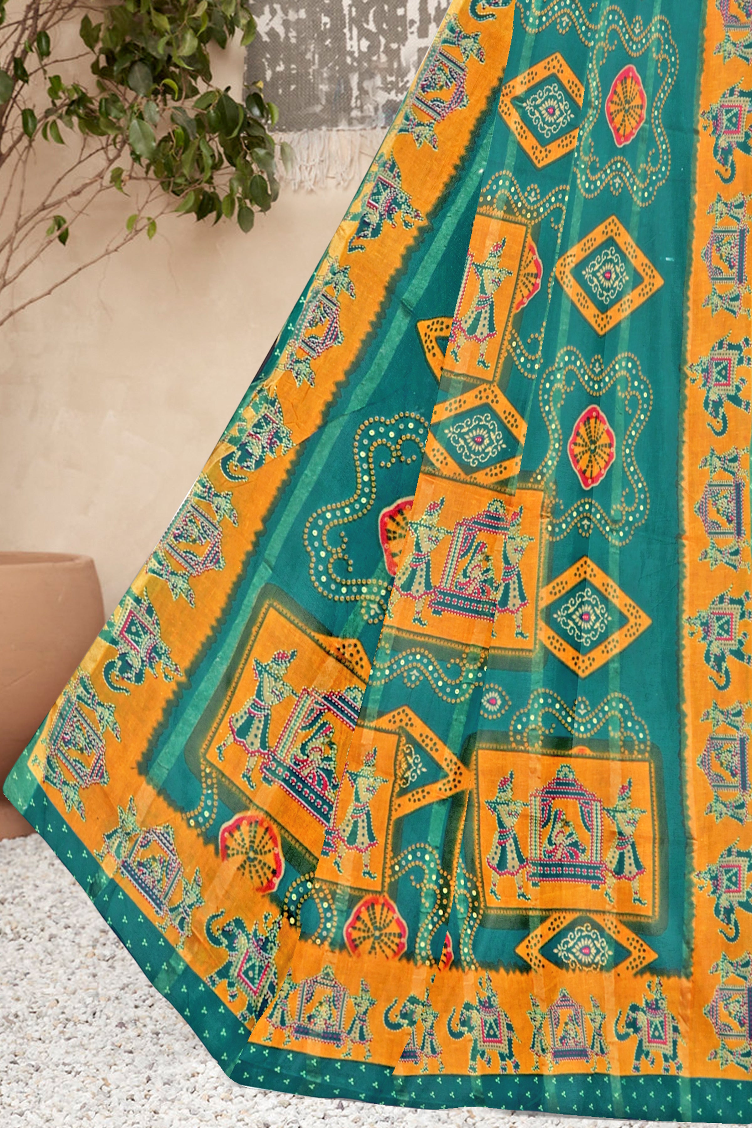 Turquoise Green Royal Rajasthani Bandhej Art Cotton Saree
