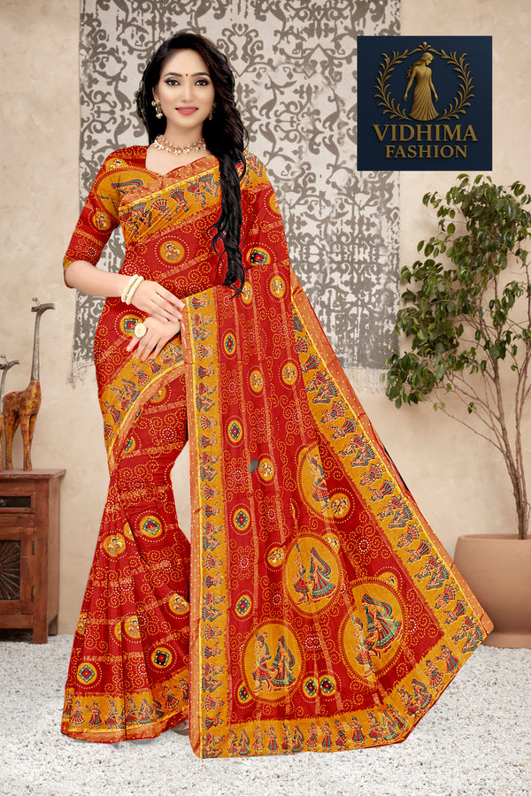 Vibrant Red Royal Rajasthani Bandhej Art Cotton Saree