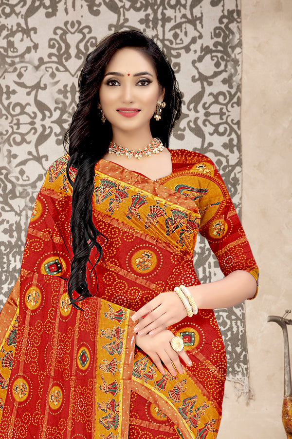 Vibrant Red Royal Rajasthani Bandhej Art Cotton Saree