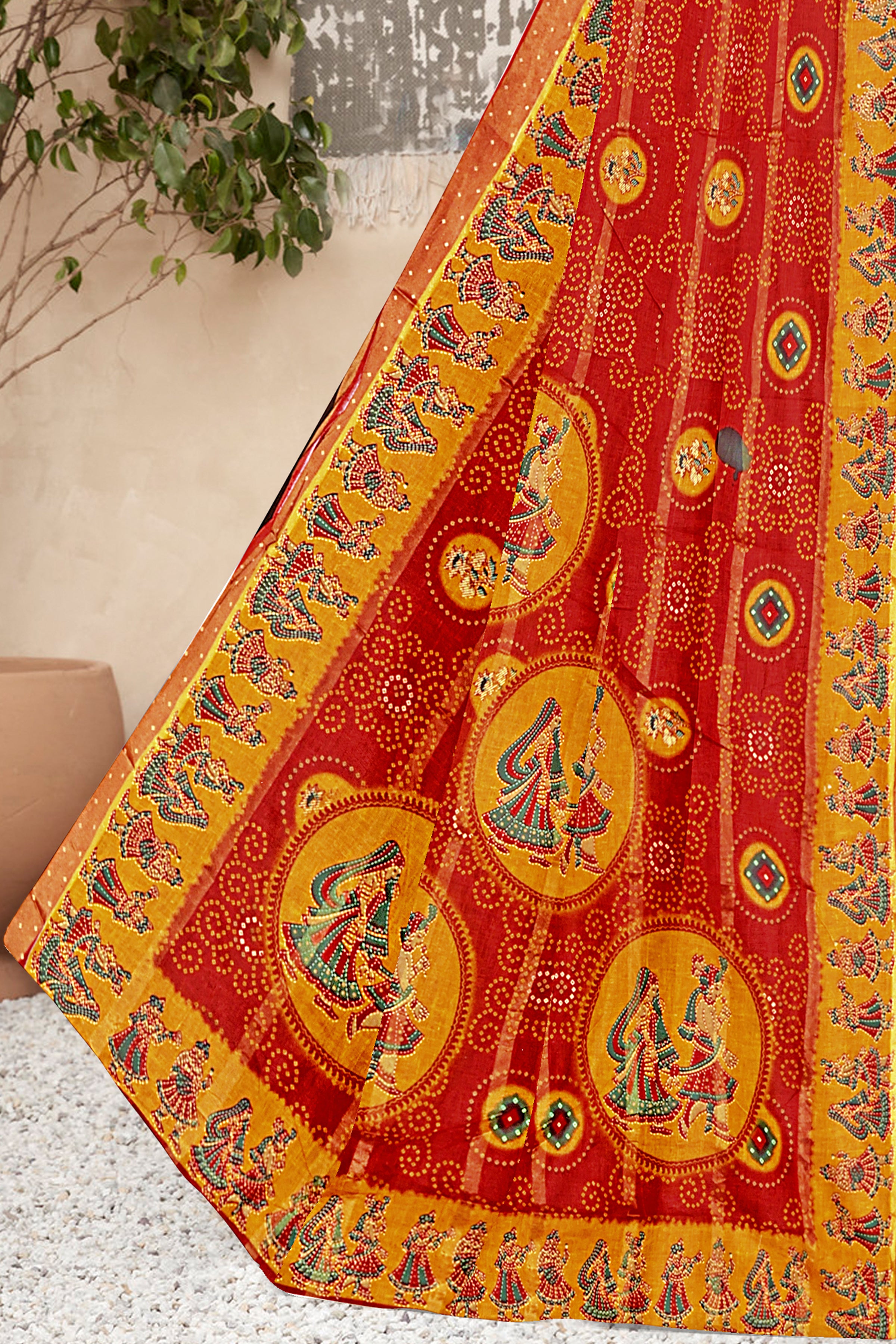 Vibrant Red Royal Rajasthani Bandhej Art Cotton Saree