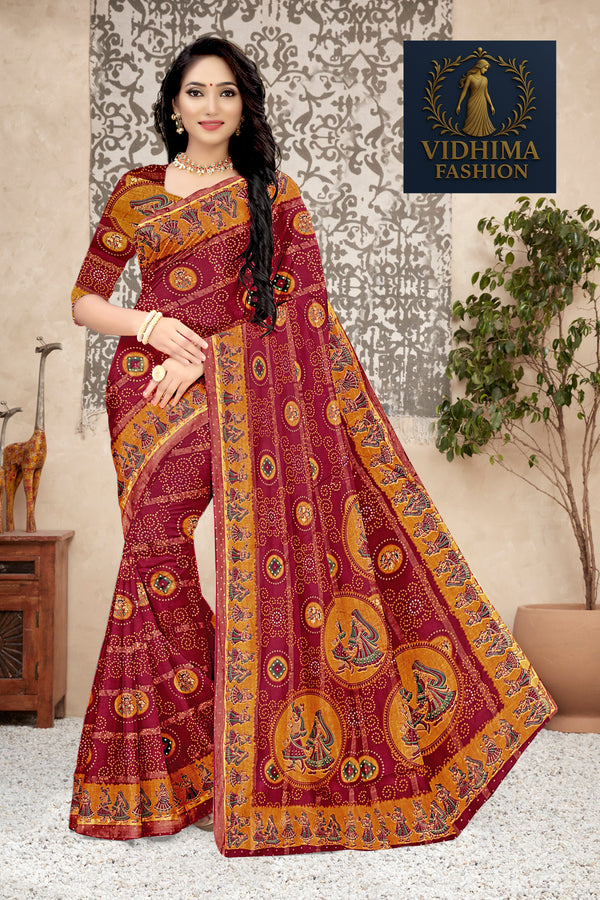 Wine Red Royal Rajasthani Bandhej Art Cotton Saree