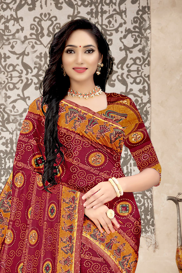 Wine Red Royal Rajasthani Bandhej Art Cotton Saree