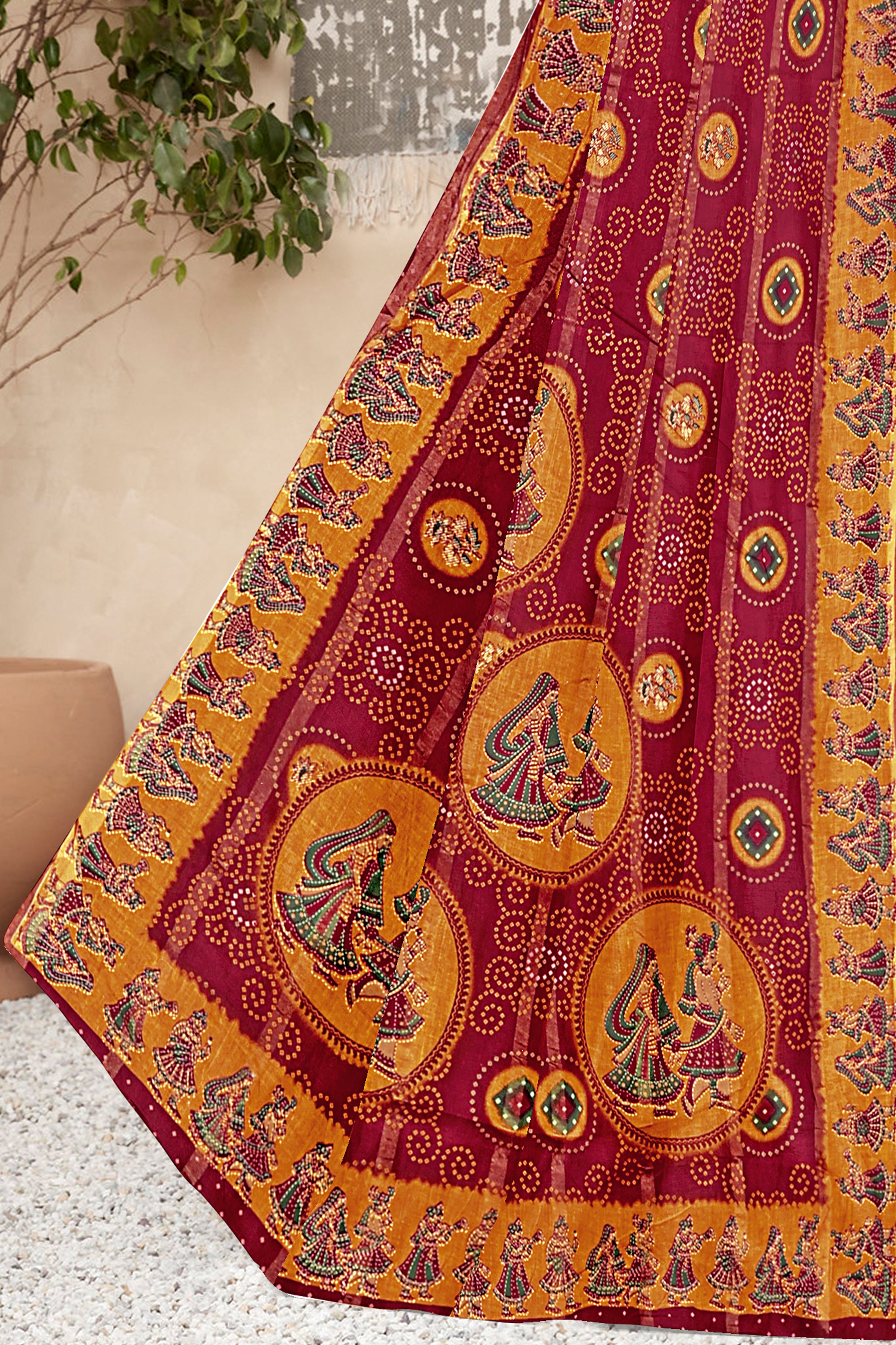 Wine Red Royal Rajasthani Bandhej Art Cotton Saree
