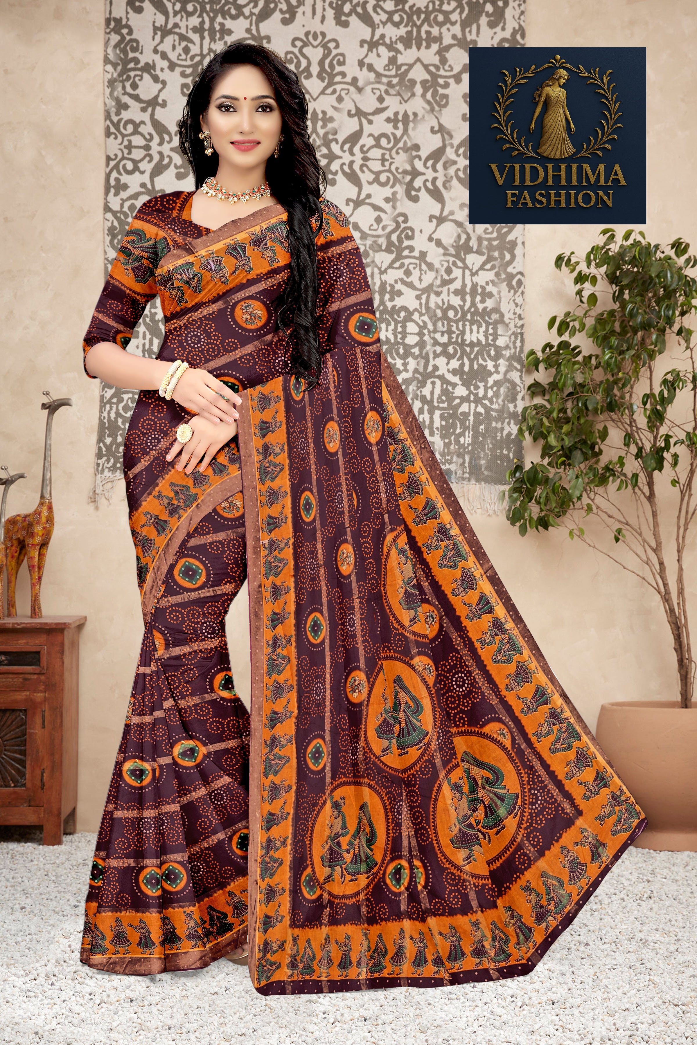 Deep Maroon Royal Rajasthani  Art Cotton Saree