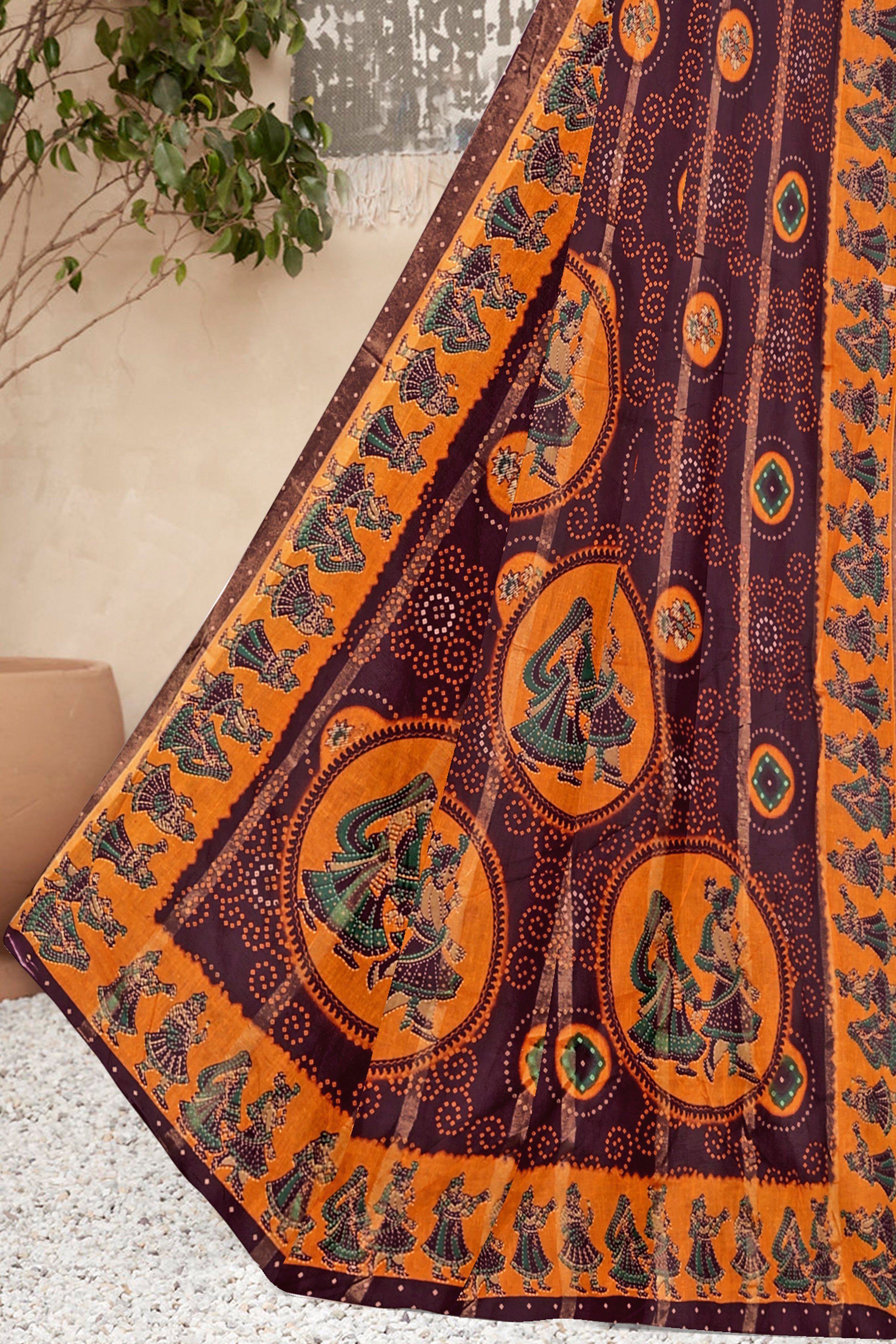 Deep Maroon Royal Rajasthani  Art Cotton Saree