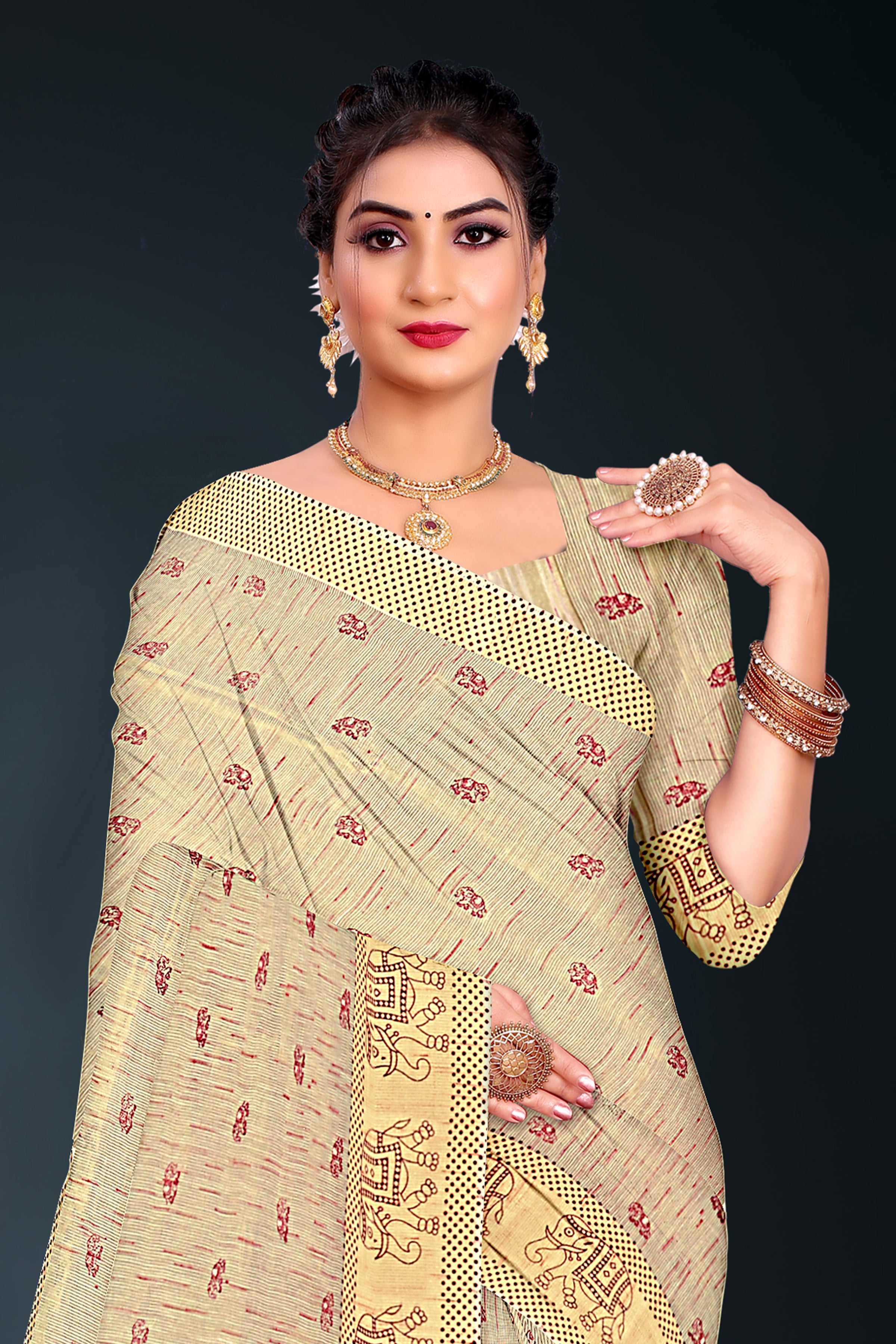 Light Beige Cotton Saree with Maroon Elephant Motifs